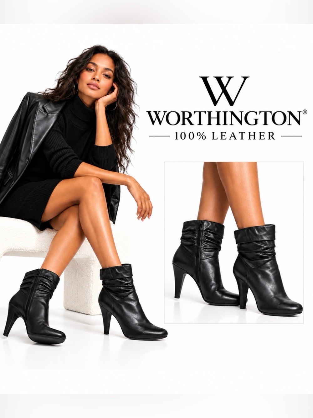Worthington Black Ruched Heeled Ankle Boots 100% Leather Y2K